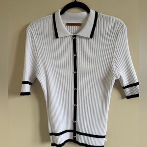 Belldini White Ribbed Short-Sleeve V-Neck Sweater with Black Trim